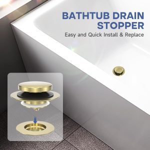 Brushed Gold Upgraded Tip Toe Tub Stopper, Universal Pop Up Bathtub Drains Plug, Bathroom Bath Tub Drain Stoppers, Replaces Lift and Turn, Tip-Toe and Trip Lever drains for Tub, Easy Install