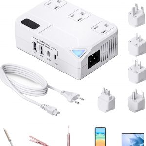 Travel Voltage Converter Step Down, 250W International Power Adapter for Hair Straightener/Curling Iron, Including UK/US/EU/AU/IT/India Universal Plug Adapter (Off-White)