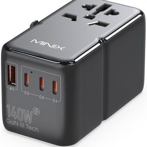 MINIX 140W Universal Travel Adapter, GaN III International Power Adapter, 3 USB-C 1 USB-A Ports, AC Outlet, Worldwide US/UK/EU/AU Travel Charger for Cameras Laptops Tablets Phones and More