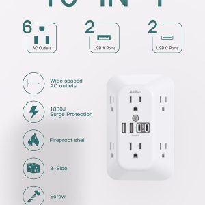Addtam Surge Protector Outlet Extender, 6-Outlet Splitter with 4 USB Wall Charger(2 USB-C Ports), Multi Plug Wall Outlet 1800J Power Strip for Home Office Dorm Room Essentials