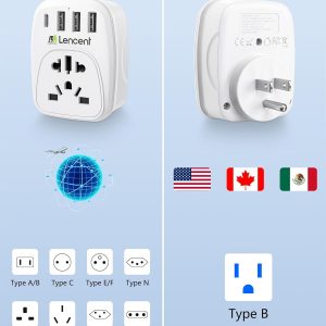 LENCENT World to US Plug Adapter with 3 USB & 1 PD Type-c Quick Fast Charger Ports, Type B European EU Europe/UK/Australia/China to USA American Canada Japan Outlet Power Adaptor Travel Plug Converter