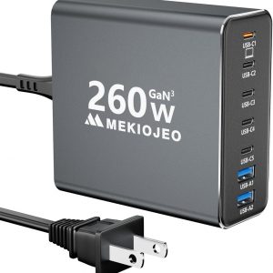 Aluminum Alloy 260W USB C Charger GaN Fast USB C Charging Station 7 Ports 65W Laptop Charger for MacBook Pro/Air/iPad Pro/iPhone (Gray)