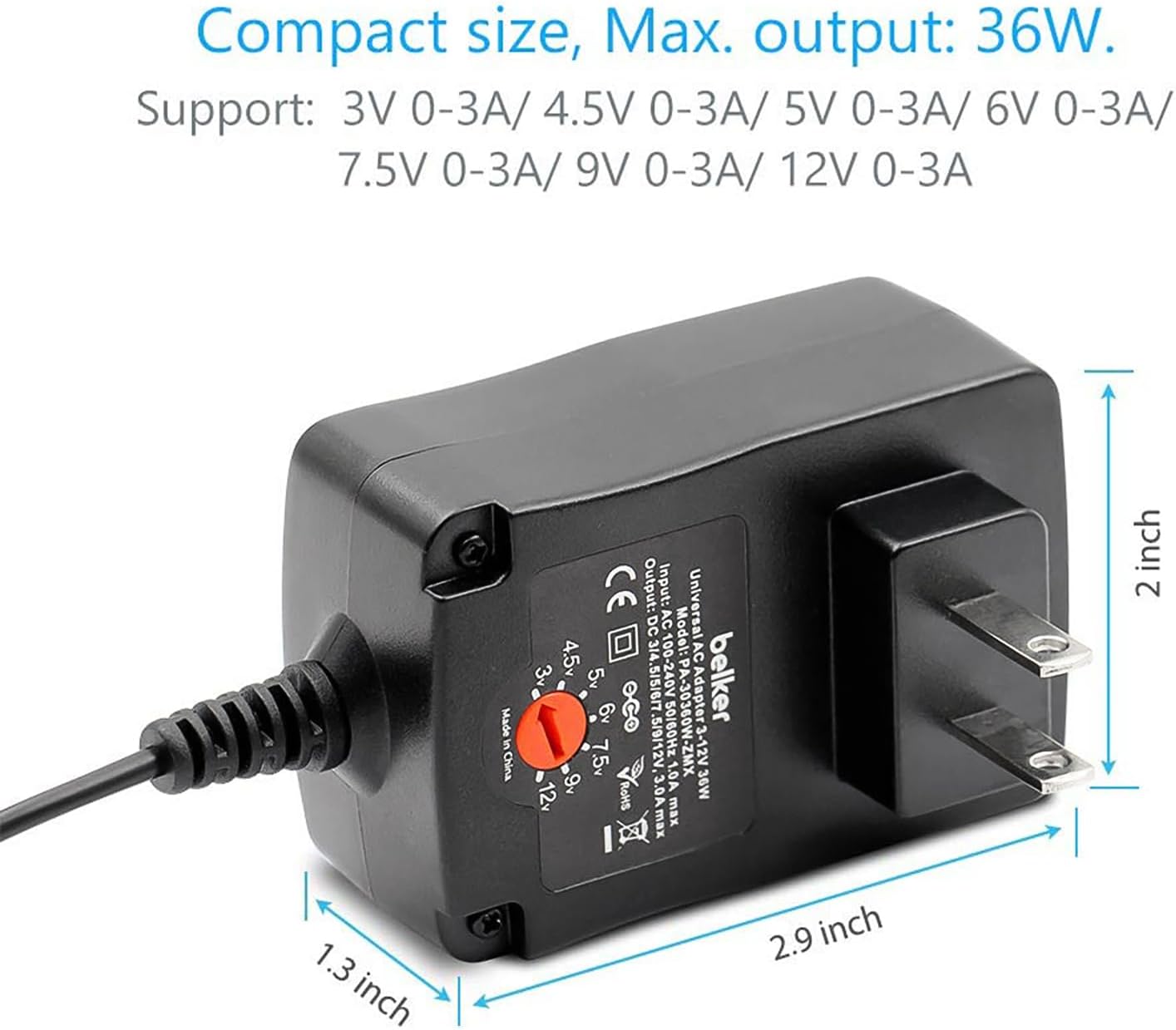 Belker 36W Universal 3V 4.5V 5V 6V 7.5V 9V 12V AC DC Adapter Power Supply for LCD LED Light Strip Router HUB Speaker Smart Phone TV Box 1A 1.5A 2A 2.5A 3A 3000mA Amp Max. - Image 3