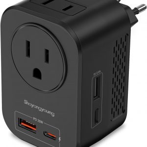 220V to 110V 20W PD Voltage Converter US to Europe International Universal Travel Adapter with 2 USB A 2 Type-C Port Worldwide Power Converters Plug Combo for Spain Italy (Black)-IX