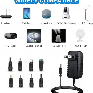 12V 2A Power Supply, Universal Power Adapter with 8 Selectable Plug, Power Adapter for Led Power Supply, CCTV Camera, BT Speaker, GPS, Webcam, Router – 2000mA Max