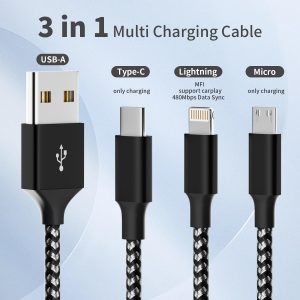 Multi Charging Cable,(2Pack 4FT) 3 in 1 Charging Cable for Multiple Devices, Nylon Braided Universal Charger Phone Charger Cord with Type-C,Micro USB,IP Port for iPhone16/15 Series/Phone&Pad