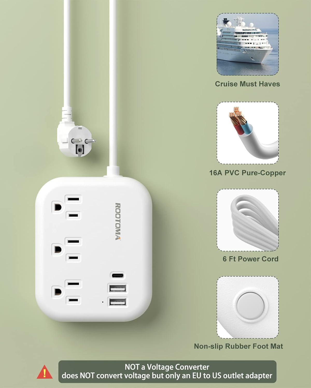 European Travel Plug Adapter, ROOTOMA 6ft International Power Strip 3 American Outlets, 3 USB Charger, US to Europe Plug Aadaptor, US to EU Power Adapter, for Spain France Germany Iceland, White - Image 4