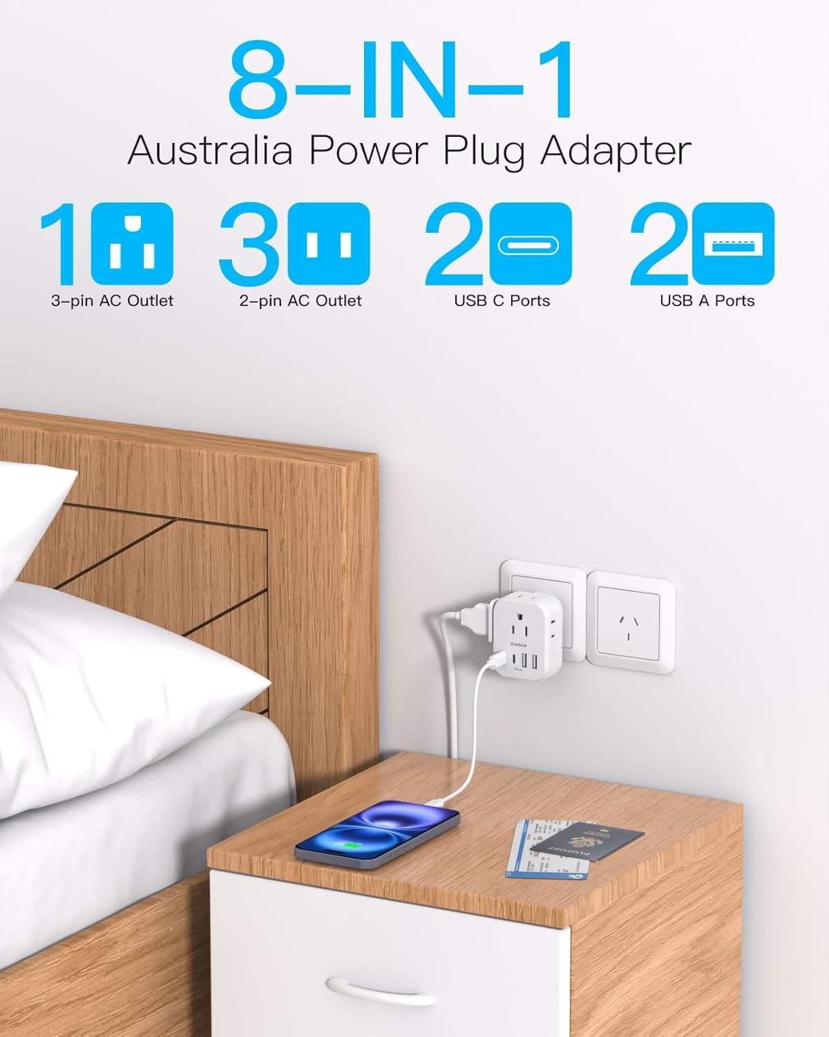 2 Pack PD 20W US to Australia Power Plug Adapter, New Zealand Power Adapter with 4 Outlets 4 USB Ports(2 USB C), Type I Plug Adapter for USA to Australian AU China Argentina Fiji Travel Essentials - Image 4
