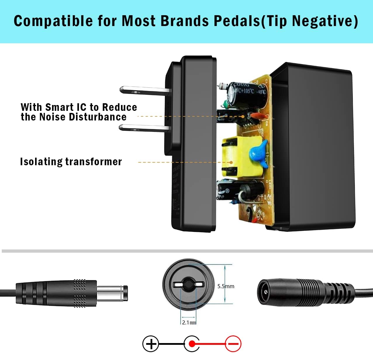 JOYO DC 9V Guitar Pedal Power Supply (800mA -1A) AC Wall Charger Adapter with 4 Way Daisy Chain Pedal Cables (8.8 FT), Compatible for Most Effect Pedals (Tip Negative) - Image 3