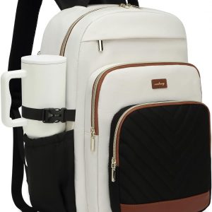 Backpack for Women Laptop Bag, Travel Backpacks Work Bags Adult School Bookbag for College Woman Teacher Nurse Office Commuter Carry On, WhiteBlackBrown