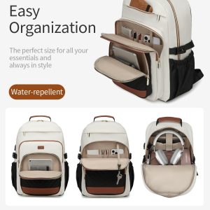 Backpack for Women Laptop Bag, Travel Backpacks Work Bags Adult School Bookbag for College Woman Teacher Nurse Office Commuter Carry On, WhiteBlackBrown