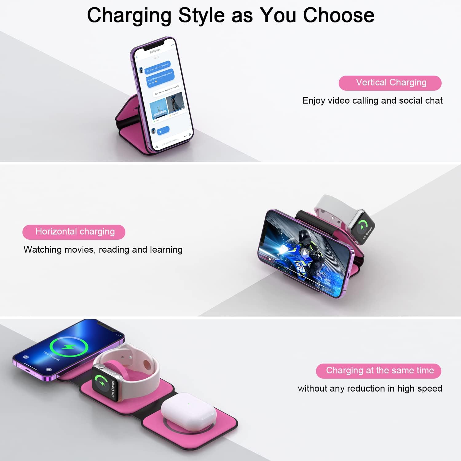 Wireless Charger 3 in 1,RTOPS Magnetic Travel Wireless Charging Station Multple Devices,GaN 3 in 1 Charging Station,Compatible for iPhone16/15/14/13/Pro/Max,iWatch,AirPods4/3/2/Pro(Adapter Includes) - Image 2