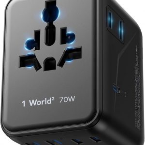 MOMAX Mini 7-in-1 Universal Travel Adapter, GaN 70W International Power Adapter, 2 AC, 3 USB-C PD Fast Charging & 2 USB-A QC, Travel Essentials for All European Travel Plug Adapter UK AUS JP