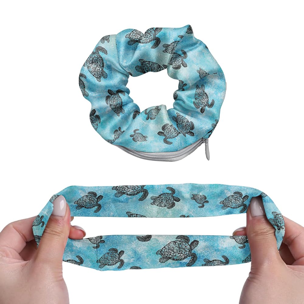 WIRESTER 3Pcs Satin Hair Ties for Women, Pocket Scrunchies with Hidden Zipper Stash Scrunchy Ponytail Holder Secret Storage for Small Items - Ocean Sea Turtles, Daisy Pattern Yellow, Flowers Orange - Image 3
