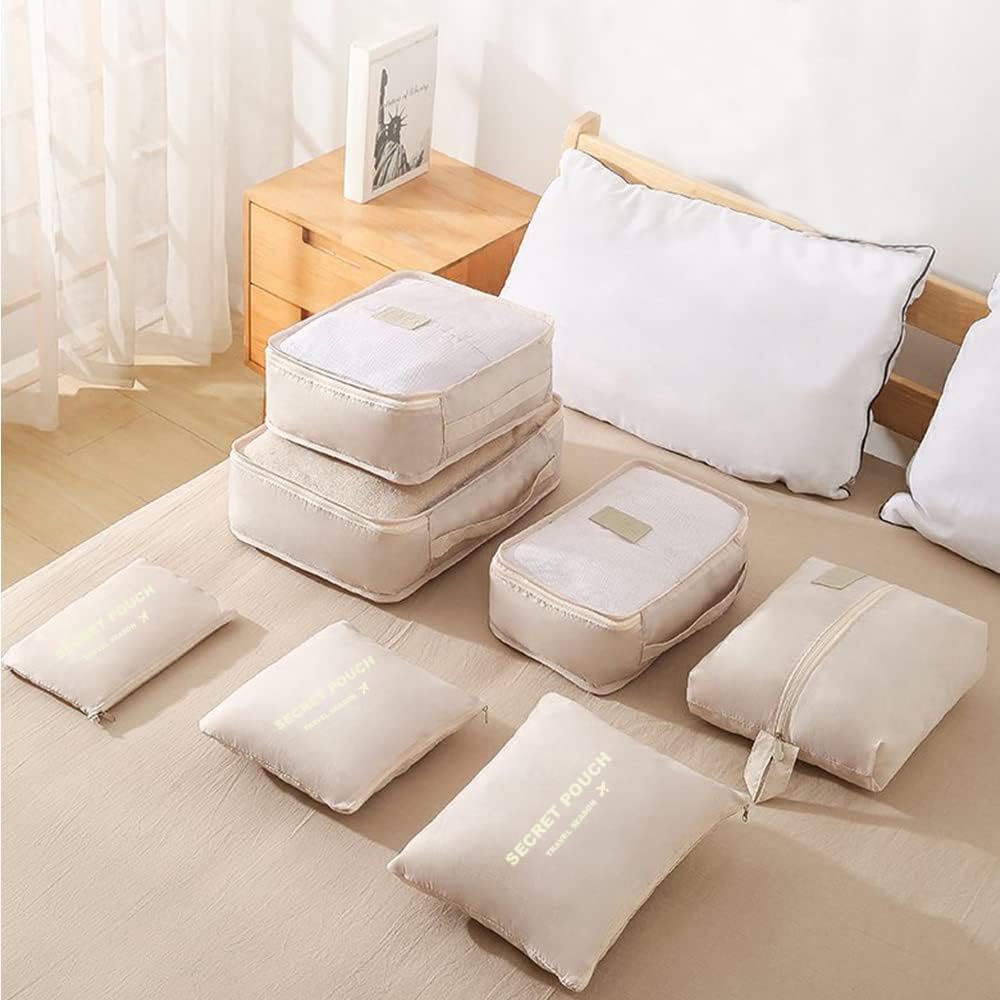 Fxkoolr 7 Set Packing Cubes, Packing Organizers Travel Foldable Luggage Organizers Storage Bag Accessories for Suitcase with Laundry Bag & Shoe Bag, Beige - Image 3