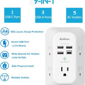 Addtam USB Wall Charger Surge Protector 5 Outlet Extender with 4 USB Charging Ports (1 USB C Outlet) 3 Sided 1800J Power Strip Multi Plug Outlets Wall Adapter Spaced for Home Travel Office ETL Listed