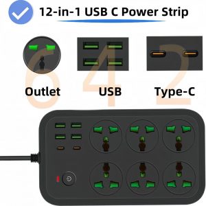 12 in 1 Power Strip with USB C, Universal Extension Cord with 6 Wide AC Outlets and 4 USB Ports, 110-240v, Max 3000w, Wall Mount International Plug Extender for Overseas Travel Work