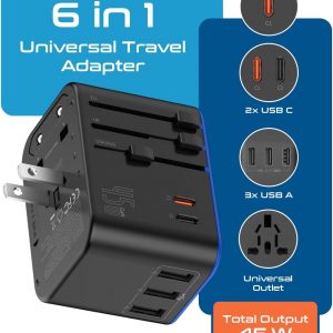 Ceptics Universal Travel Adapter, 45W International Power Adapter with PD & QC 3.0 Dual USB-C, 3 USB Travel Adapter Worldwide, Type I C G A Outlets 110V 220V A/C – EU Euro US UK (11-KU)