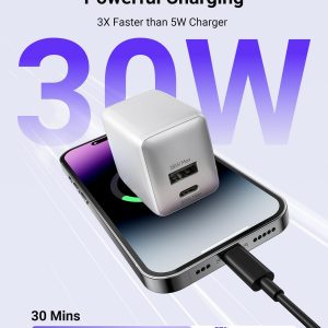 USB C Fast Charging Charger, 30W Dual-Port GaN Nano Charger with Foldable Plug for iPhone 16/15 Series, iPad, Galaxy S24 Ultra and More Series, (White, 1 Pack)