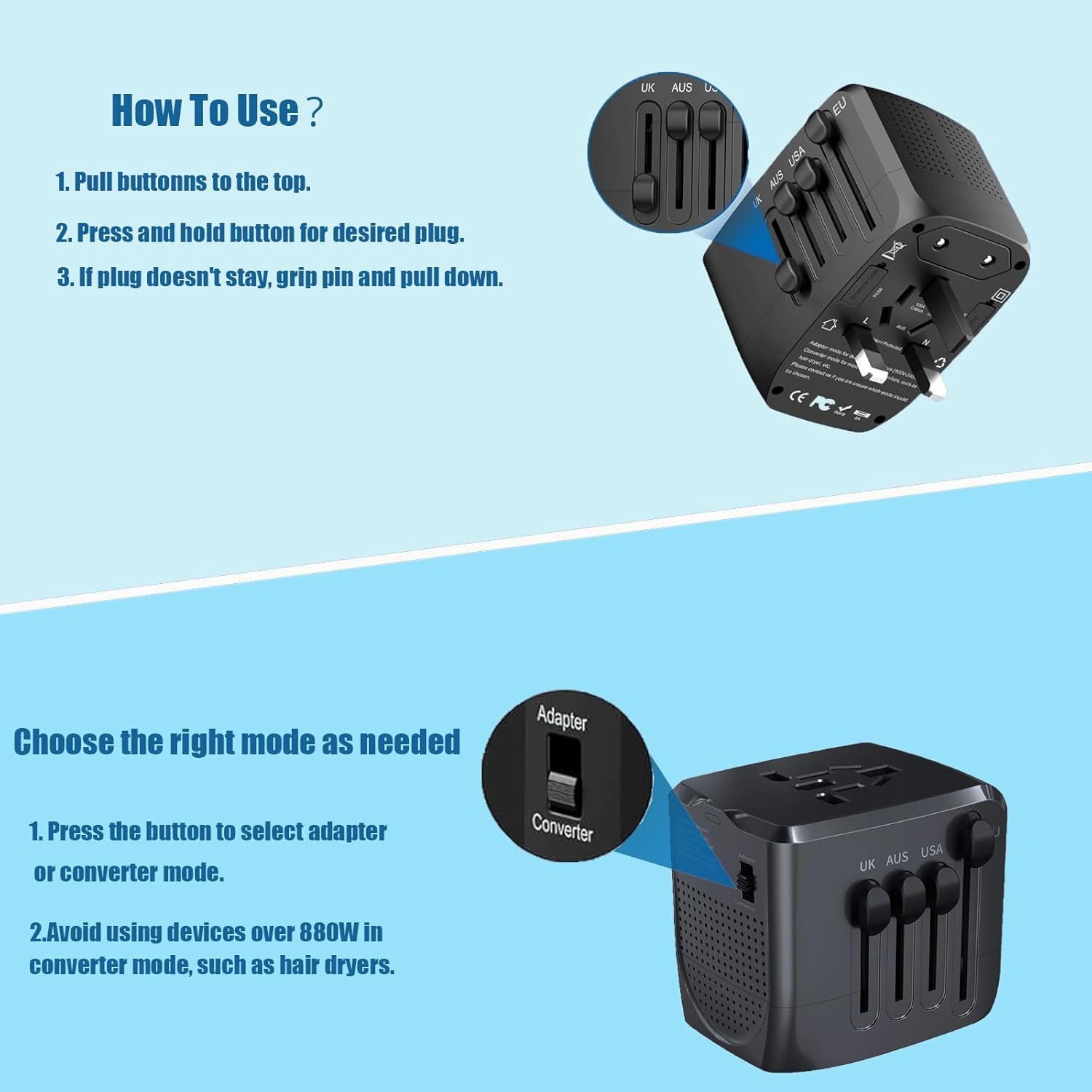 International Travel Adapter Voltage Converter, Step Down Converter 230V to 120V for Hair Straighteners, Laptops, Cell Phones, Power Converters for USA to UK, Europe, Australia Over 200 Countries - Image 7