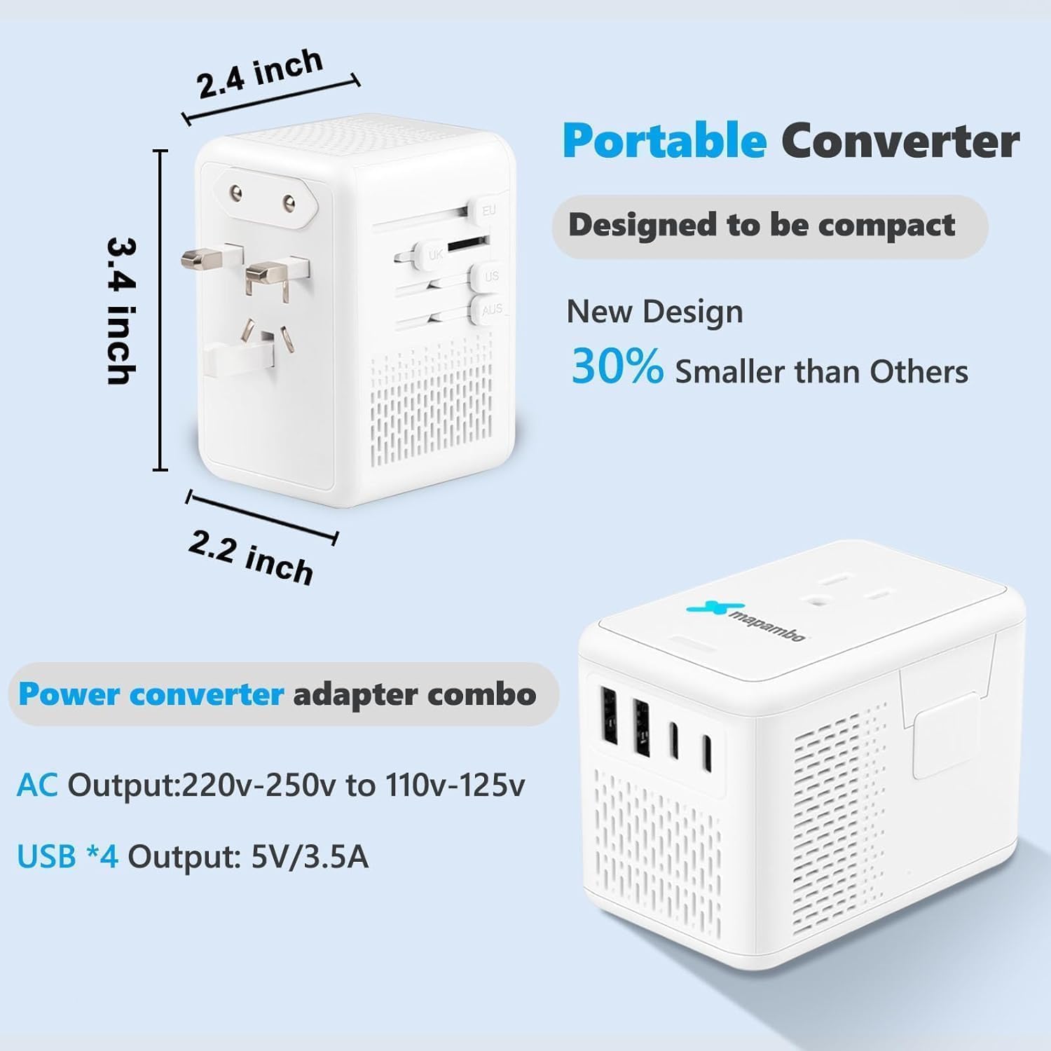 220V to 110V Voltage Converter US to Europe for Hair Dryer with Fast Charging 2 USB 2 USB C, Power Converter Adapter Combo International Travel Adapter A C G I (White) - Image 5