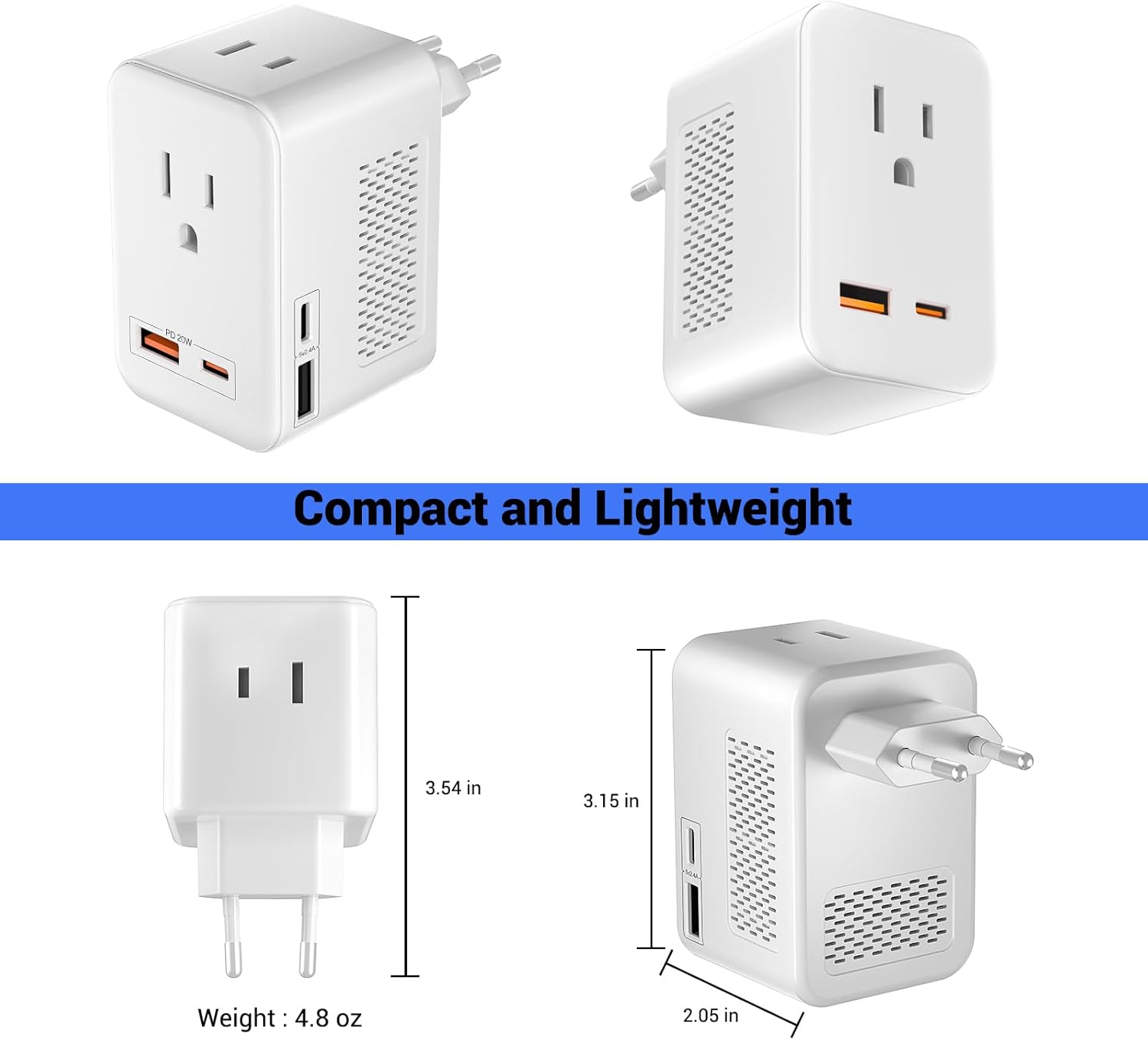 SARQW 220V to 110V Voltage Conversion Plug Adapter for Traveling from USA to Europe with 2 USB and 2 USBC Ports PD 20 W, 2 AC Outlets International Power Adapter - Image 6