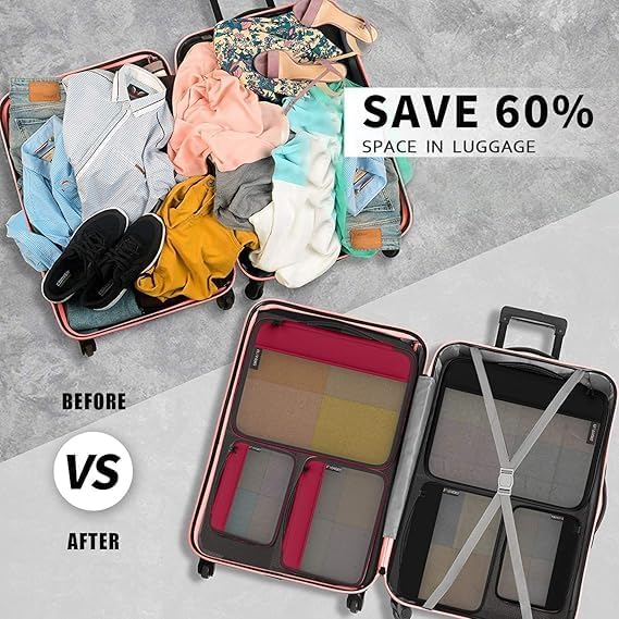 Packing Cubes Organizer Bags For Travel Accessories Packing Cube Compression 6 Set For Luggage Suitcase (Black Red) - Image 5