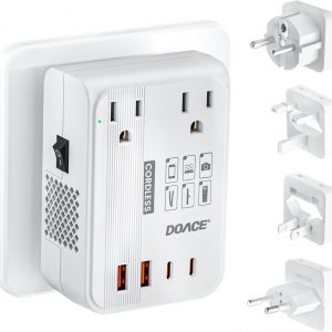 DOACE 220V to 110V Converter – 350W Cordless Voltage Converter US to Europe Power Adapter Combo with 4-Port USB Charging & Worldwide Plugs (UK/AU/US/EU) for Hair Straightener, Curler, Phone