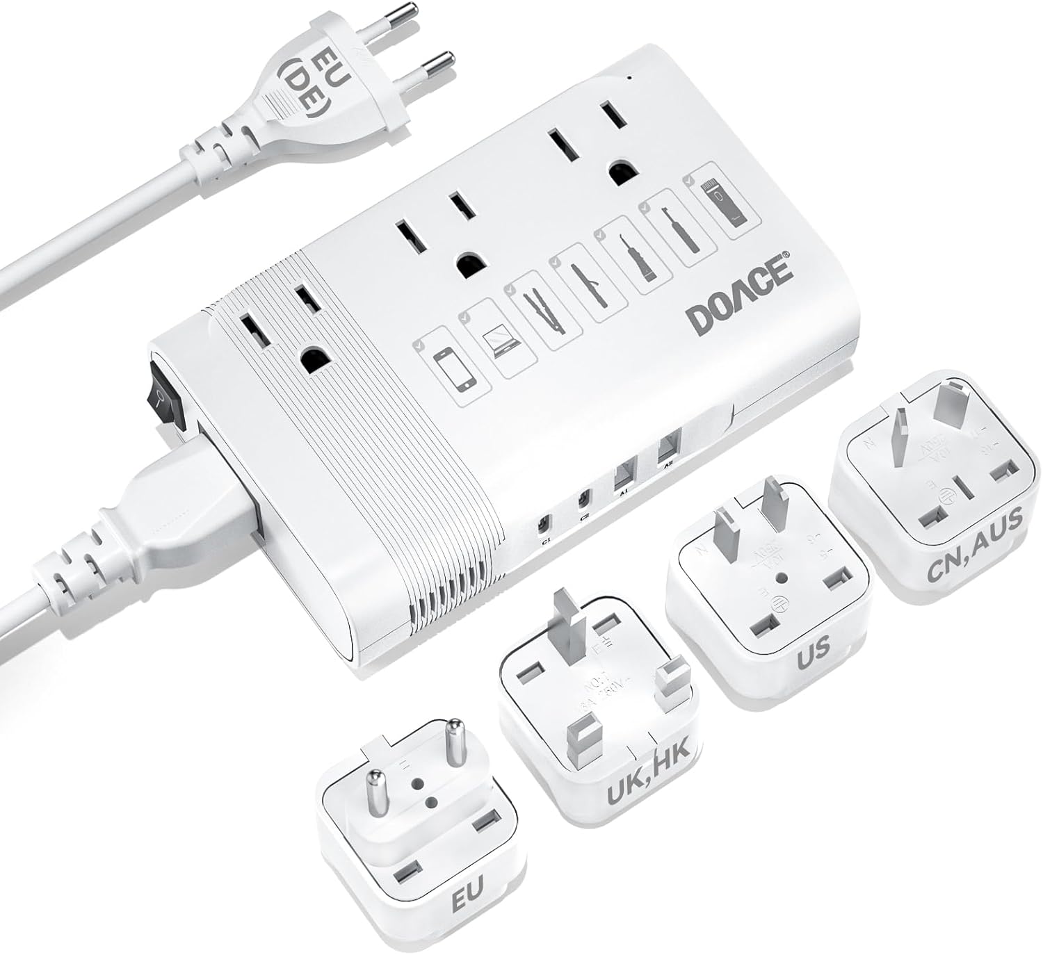 DOACE 220V to 110V Converter for European Travel - 350W Voltage Converter US to Europe with 4 QC+PD Chargers for Using U.S. Devices Abroad - Hair Straightener Shaver Toothbrush Laptop Camera Phone