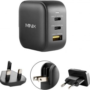 MINIX 66W Turbo 3-Port GaN Wall Charger 2 x USB-C Fast Charging Adapter, 1 x USB-A Quick Charge 3.0, Compatible with MacBook Pro Air, iPad Pro, iPhone 16/15/13/12/11, Galaxy S9 S8 and More (NEO P1)