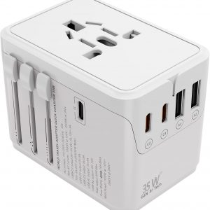 Universal Travel Adapter Worldwide- 35W GaN III/PD Fast Charge European Travel Plug Adapter with 3 USB-C& 2 USB-A Ports, International Power Adapter for US to Europe UK AUS Japan(Type C/G/A/I) (white)