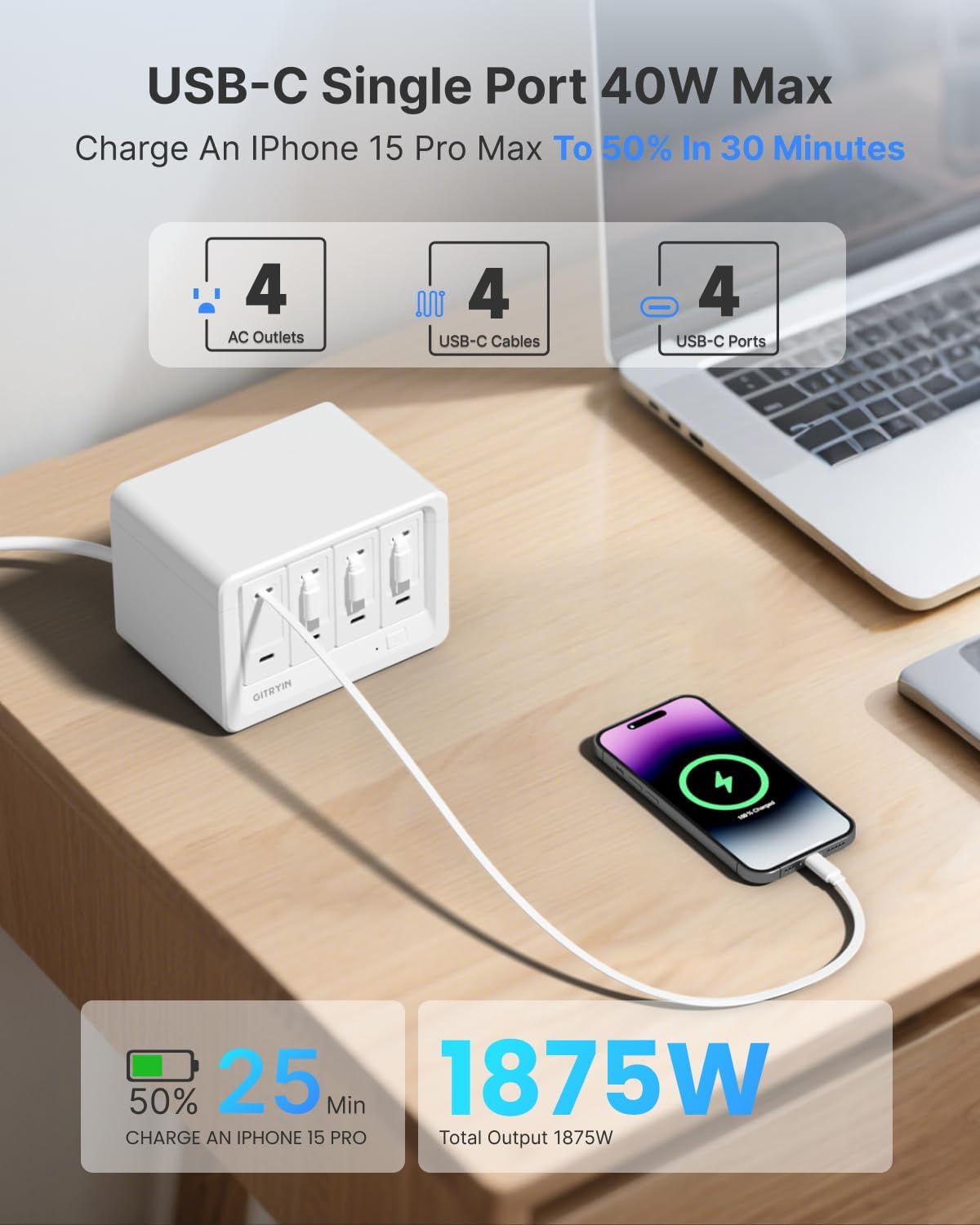 Gitryin 12-in-1 Desktop Charging Station with 4 Retractable Wall Chargers, 40W USB-C Power Strip with 4 AC, 4 USB C, 4 Type-C 33.5in Cables, Extension Cord with 1020J Surge Protection for Home Office - Image 5