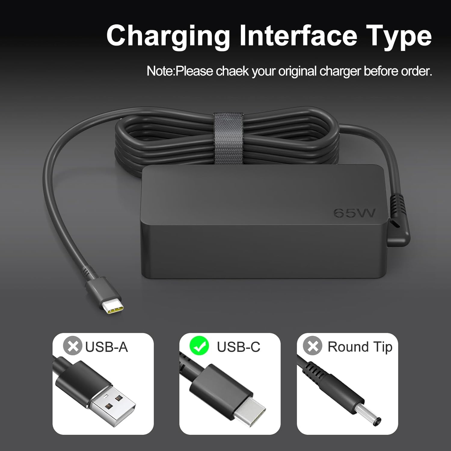 USB-C 65W 45W AC Replacement Charger Compatible with Lenovo ThinkPad T480 T490 T580 ADLX65YDC2A ADLX65YLC2D ADLX65YDC3A ADLX65YDC2D chromebook 2nd Gen S330 65W Laptop Power Supply Adapter Cord - Image 2