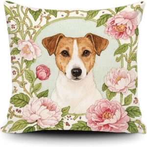 GUGLILI Cute Dog Pillowcase Canvas Pillow Cover with Hidden Zipper Jack Russell Terrier Pillow Cases Green Leaf and Floral Design Cushion Cover Home Decor 20 x 20 Inch Style 2