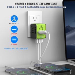 Travel Adapter Worldwide, Universal International Power Plug Adapter W/2.4A 2xUSB-A and 3.0A 2xType-C Wall Charger, European Travel Plug Adapter for Europe UK EU US CA AU Italy Asia-Green