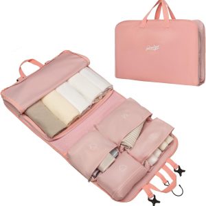 Hanging Packing Cubes,Garment Bags for Travel and Storage, Travel Apparel Bags for Men Women with 5 Solid Color Pockets, Storage Bags for Clothes, Socks,Underwear for Carry on Suitcase (Pink)