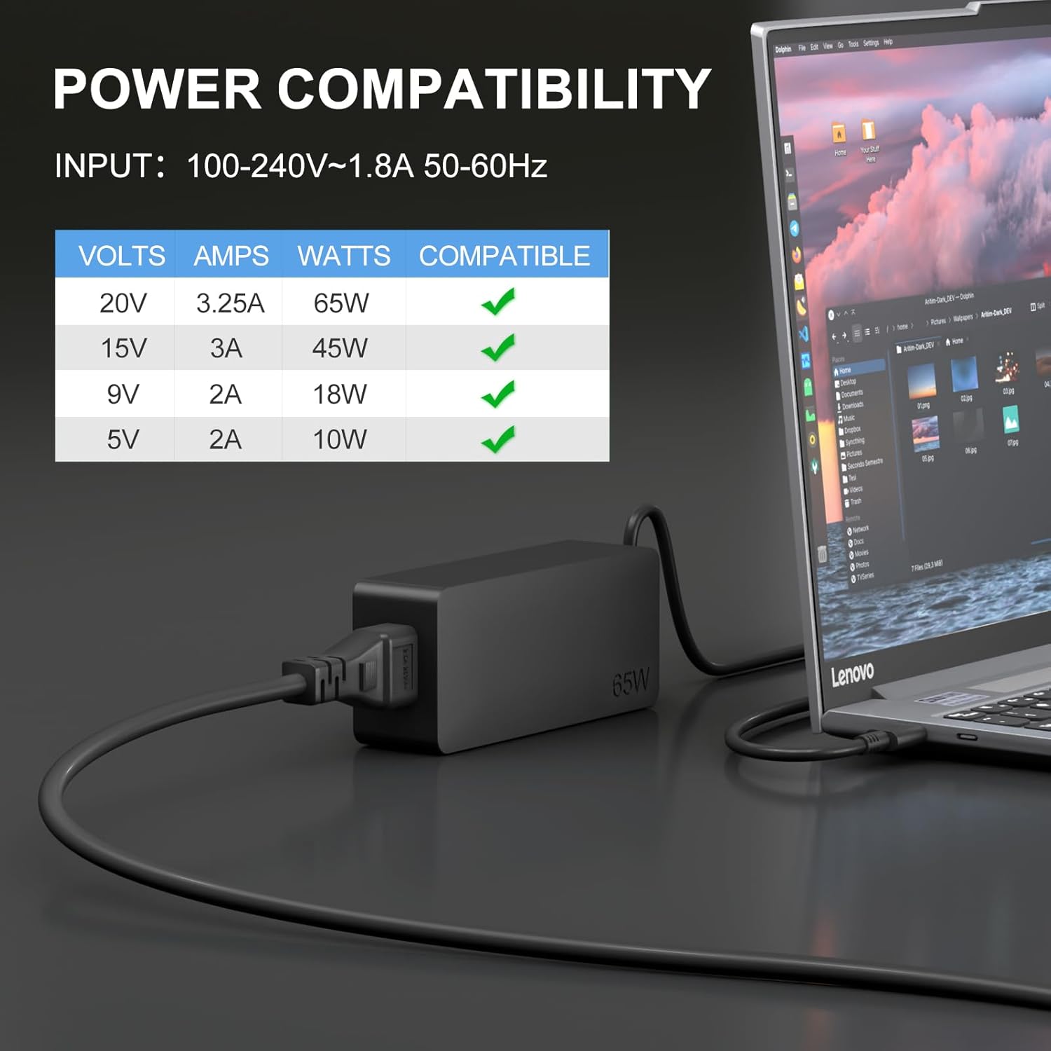 USB-C 65W 45W AC Replacement Charger Compatible with Lenovo ThinkPad T480 T490 T580 ADLX65YDC2A ADLX65YLC2D ADLX65YDC3A ADLX65YDC2D chromebook 2nd Gen S330 65W Laptop Power Supply Adapter Cord - Image 3