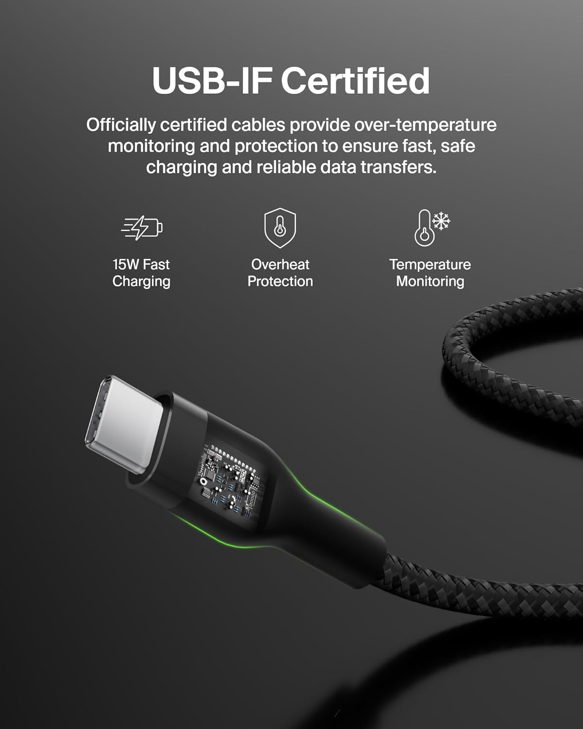 Belkin BoostCharge Pro Flex Braided USB-C to USB-A Cable (6.6ft/2M), USB-C USB-IF Certified Fast Charging Cable for iPhone 17, iPad Pro, Galaxy S25, Pixel, Nintendo Switch 2 & More - Black (2-Pack) - Image 5