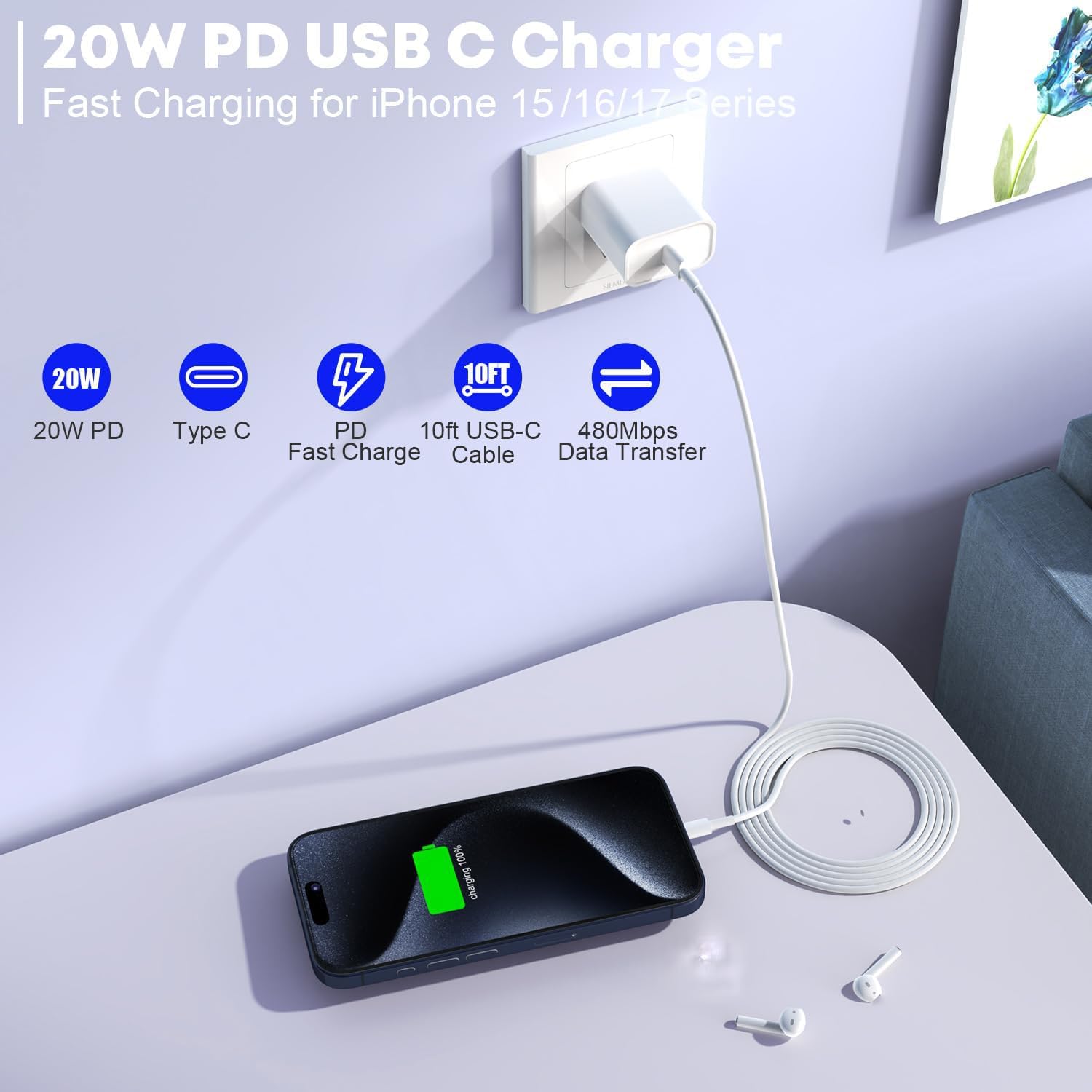 Fast Charger for iPhone 17/16/15 Charger,10FT Extra Long Fast Charging 3Pack Block USB-C to USB C Fast Charging Cable Cord for iPhone Air/17 Pro Max/iPhone 16 Pro/16 Plus/15 Pro Max,iPad Pro/Air/Mini - Image 2