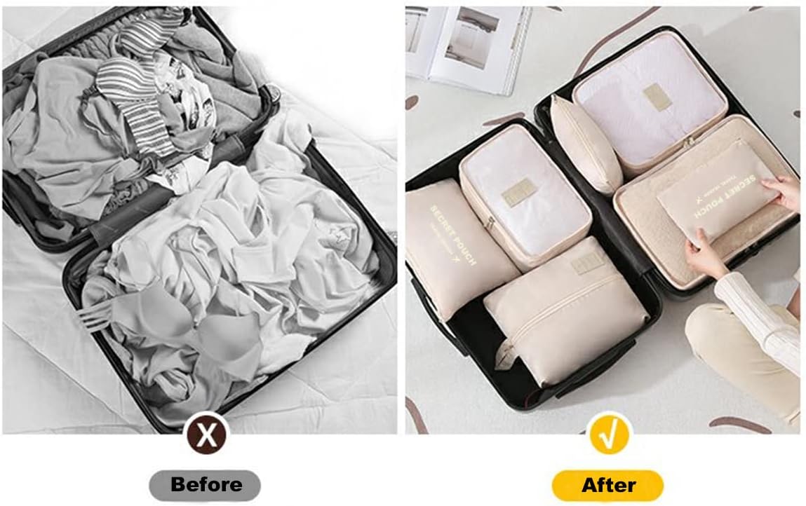 Fxkoolr 7 Set Packing Cubes, Packing Organizers Travel Foldable Luggage Organizers Storage Bag Accessories for Suitcase with Laundry Bag & Shoe Bag, Beige - Image 4