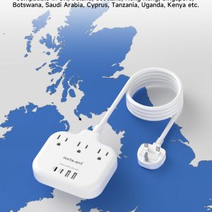 Type G Adapter for Travel,meta-ant US to UK Travel Adapter with 3ft Extension Cord,3 Outlets 4 USB(2 USB-C), Type G UK Ireland Travel Plug Adapter to British Scotland England London Hong Kong Dubai