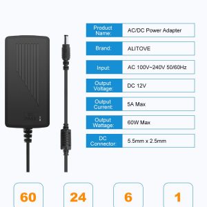 ALITOVE DC 12V 5A Power Supply Adapter Converter Transformer 60W AC 100-240V Input with 5.5×2.5mm DC Output Jack for 5050 3528 LED Strip Module Light