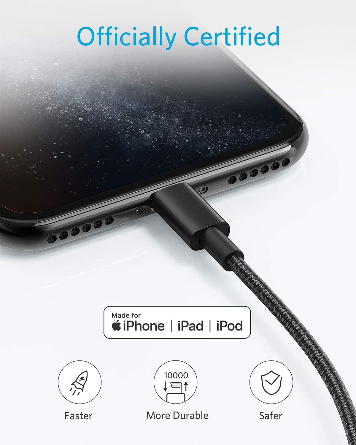 Anker 6 ft Premium Double-Braided Nylon Lightning Cable, Apple MFi Certified for iPhone Chargers, iPhone X/8/8 Plus/7/7 Plus/6/6 Plus/5s, iPad, iPad mini, and More (Black) - Image 4