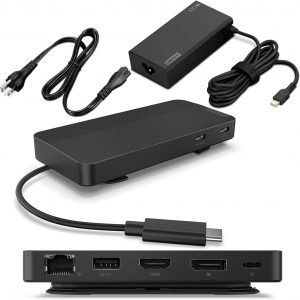 Lenovo USB-C Dual Display Travel Dock w/ 100W Power Adapter – 7 Ports, Integrated USB-C Cable, Universal Compatibility, Dual Displays at 4K – Black