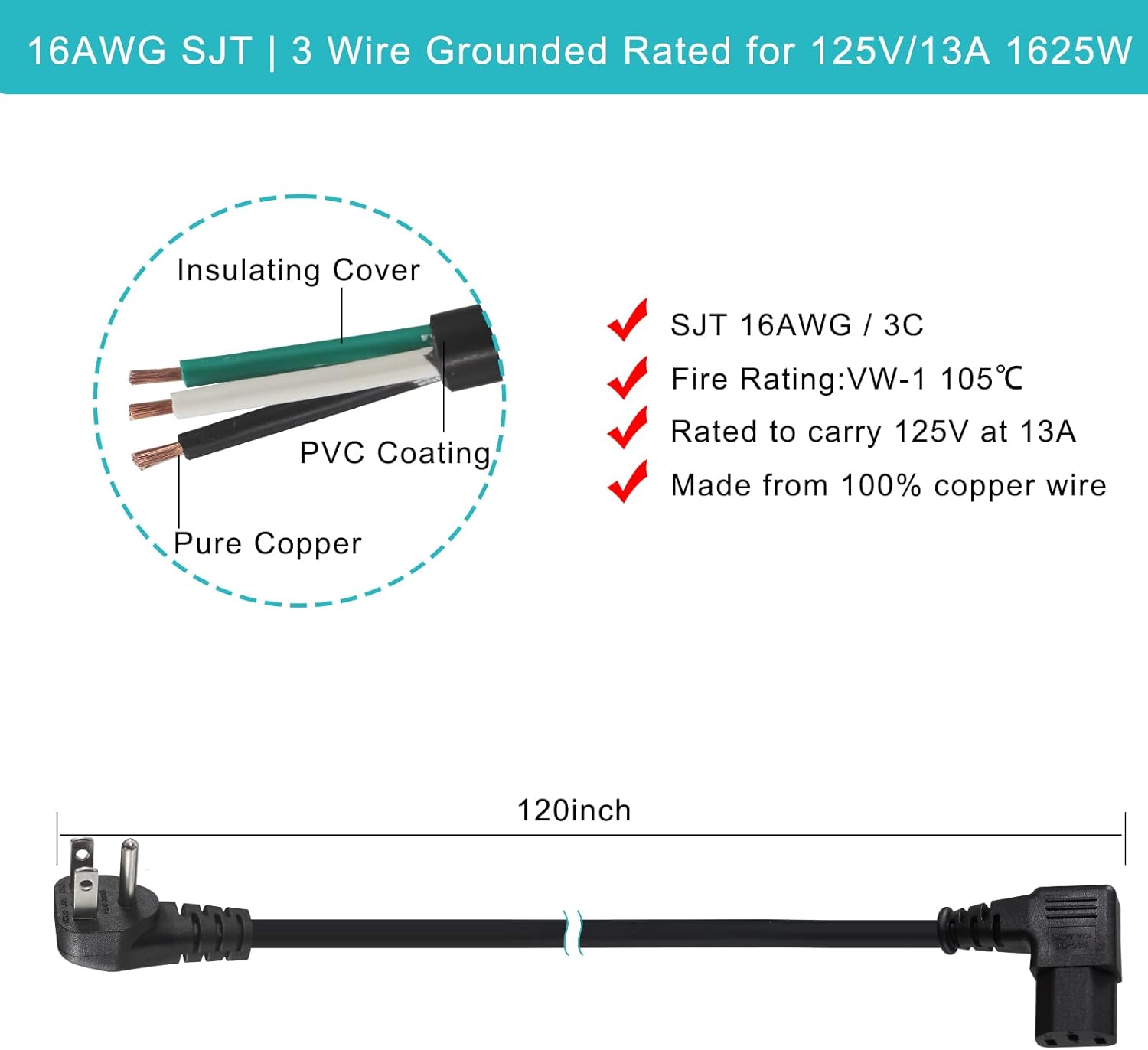 90 Degree Computer Power Cord - 10FT Flat Low Profile Angled NEMA 5-15 Plug to IEC C13 Power Cord,Universal PC Power Supply Cord, 16AWG, Black C13 3 Prong Angled AC Power Cord for PC Monitor/TV (10FT) - Image 3