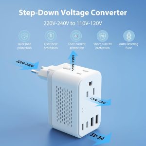 2000W 220V to 110V Voltage Converter US to Europe, Power Converter with Type C, A, G, I Plugs, 2 USB C & 2 USB A Ports, European Travel Converter for Hair Dryer, Curling Iron, Straightener, Chargers
