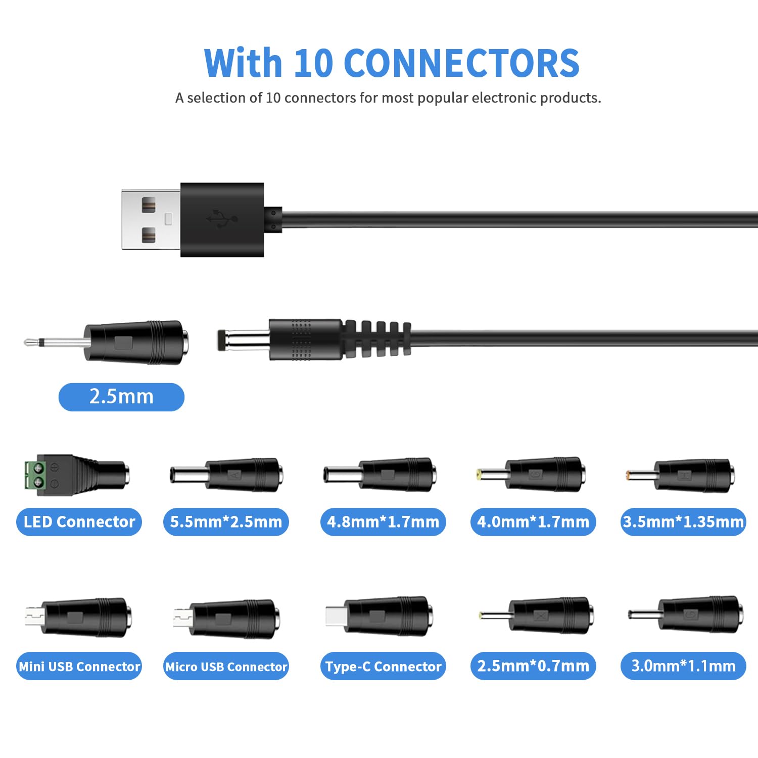 Universal Charger Power Core, 5V USB to DC 5.5x2.1mm, Charging Cable with 11 Connectors (Micro-USB, Type-C, Mini USB, 2.5x0.7, 3.0x1.1, 3.5x1.35, 4.0x1.7, 4.8x1.7, 5.5x2.5,2.5mm), 3.3FT - Image 3