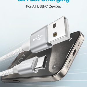 White USB C Cable 10 ft, Long USB A to USB C Cable Fast Charging, USBC Charger Cord Braided for iPhone 17 Air 16 15 Pro Max Plus, for Samsung Galaxy S21 Note 10