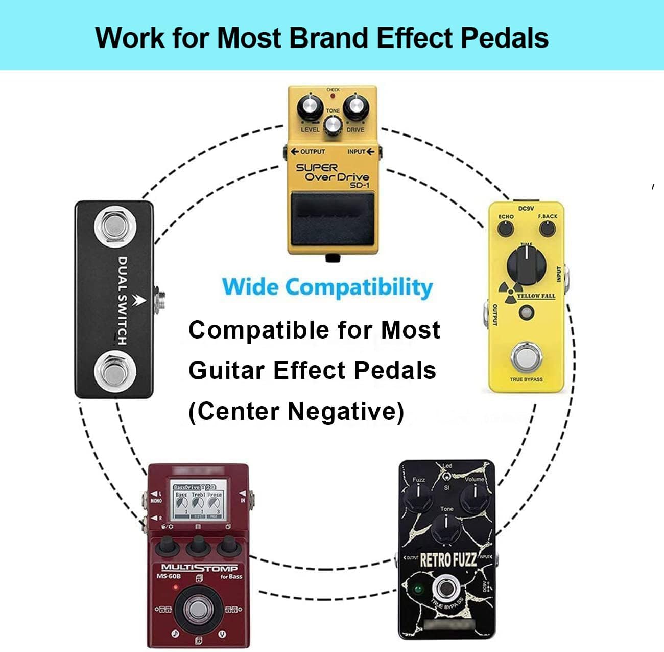 JOYO DC 9V Guitar Pedal Power Supply (800mA -1A) AC Wall Charger Adapter with 4 Way Daisy Chain Pedal Cables (8.8 FT), Compatible for Most Effect Pedals (Tip Negative) - Image 4
