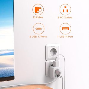European Travel Plug Adapter, Foldable International Travel Adapter with 2 AC Outlets 3 USB Ports(2 USB C), Type C Plug Adapter Travel Essentials to Most Europe EU Spain Italy France Germany